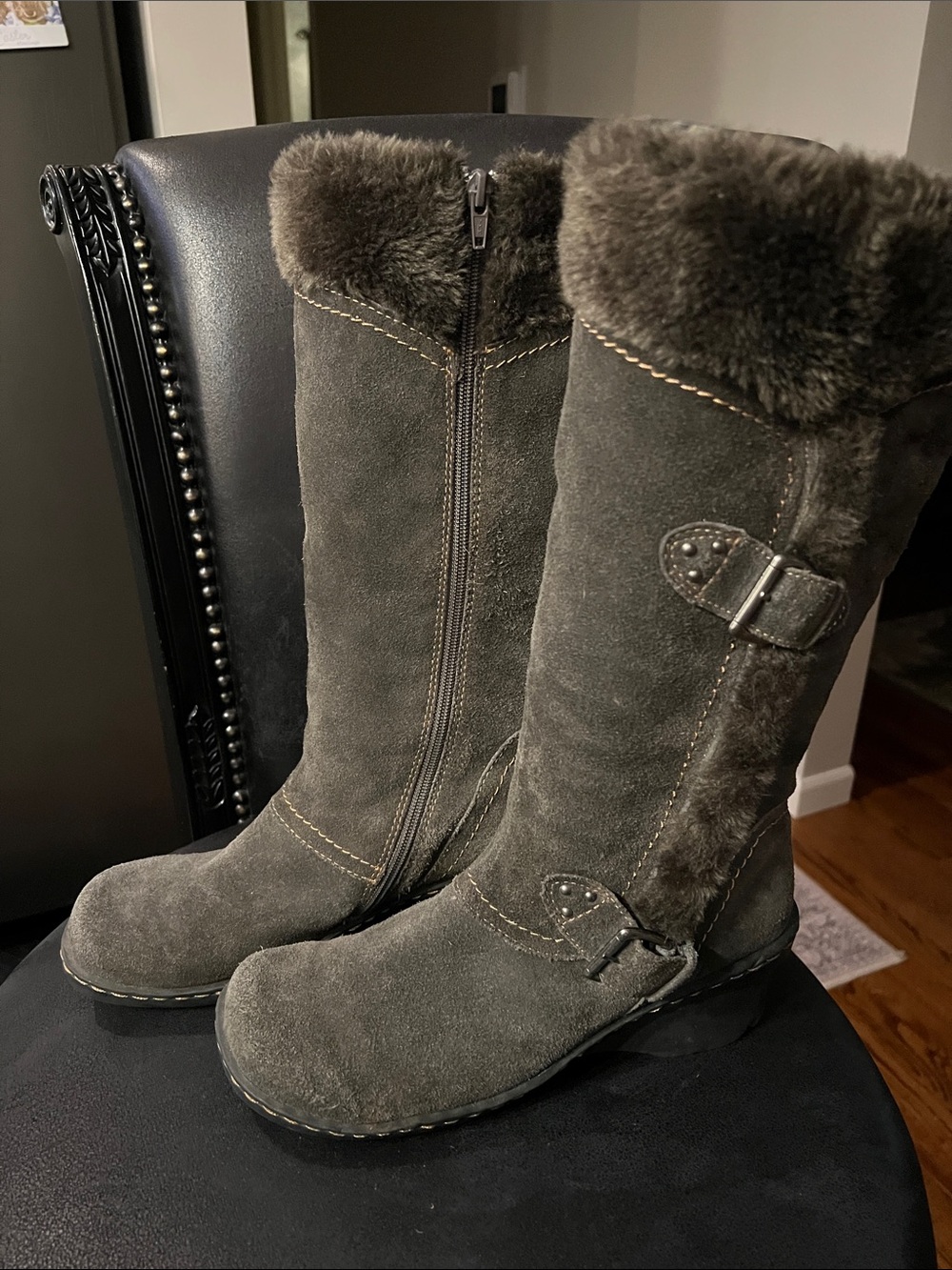 BareTraps Cathy Suede Knee Boots with Faux-Fur Trim - Dark Brown